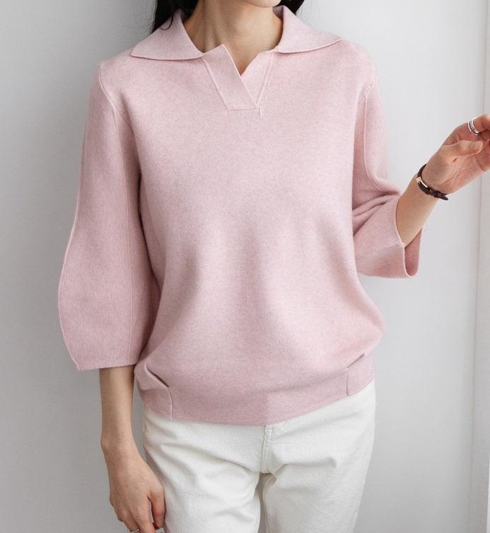 Open Collar Balloon Knit Top - HOLIHOLIC