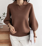 Open Collar Balloon Knit Top - HOLIHOLIC