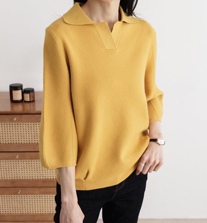 Open Collar Balloon Knit Top - HOLIHOLIC