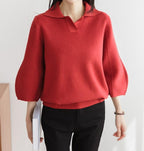 Open Collar Balloon Knit Top - HOLIHOLIC