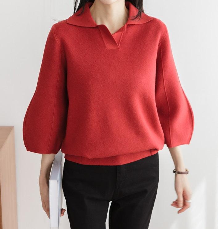 Open Collar Balloon Knit Top - HOLIHOLIC