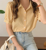 Pastel Mini Plaid Casual Blouse - HOLIHOLIC