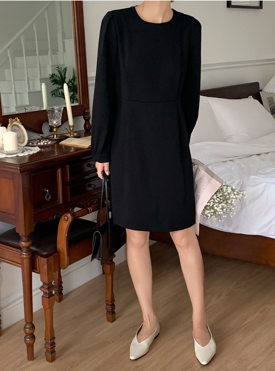 Pearl Button Point Black Mini Dress Secondary image