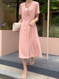 Pink Linen Wrap Dress - HOLIHOLIC