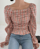 Plaid Check Open Shoulder Blouse - HOLIHOLIC