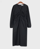 Plain Shirring Long Dress - HOLIHOLIC
