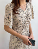 Polka Dot Front Shirring Midi Dress