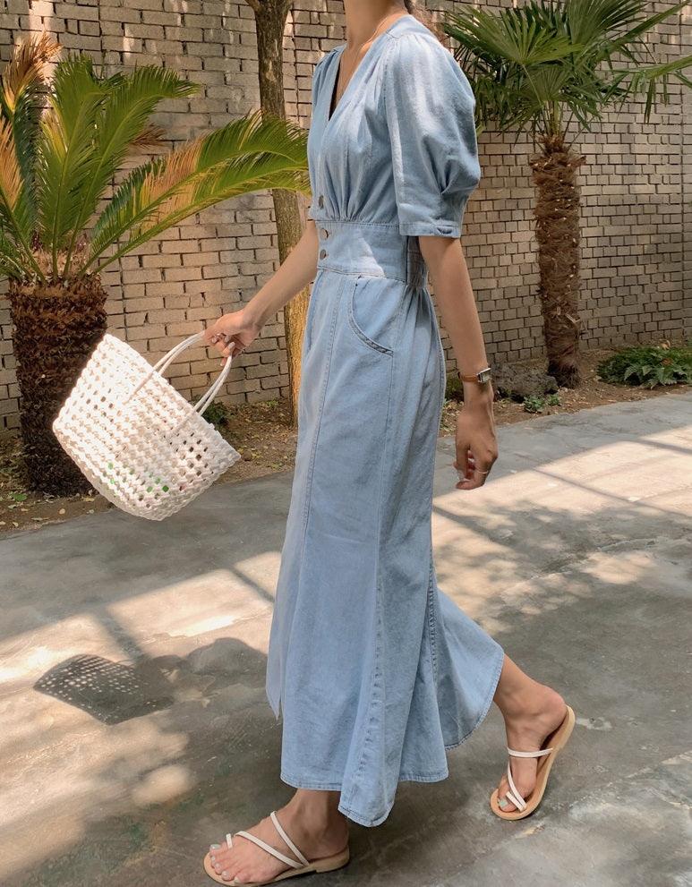 denim mermaid dress Feeling Electric Puff Sleeves Mermaid Maxi Dress Denim Blue