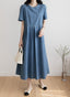 Puff Sleeve Midi Denim Dress-Holiholic