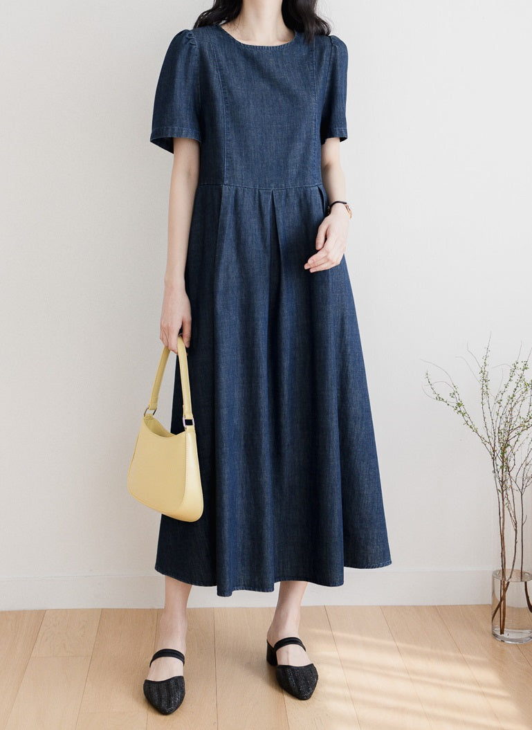 Puff Sleeve Midi Denim Dress-Holiholic