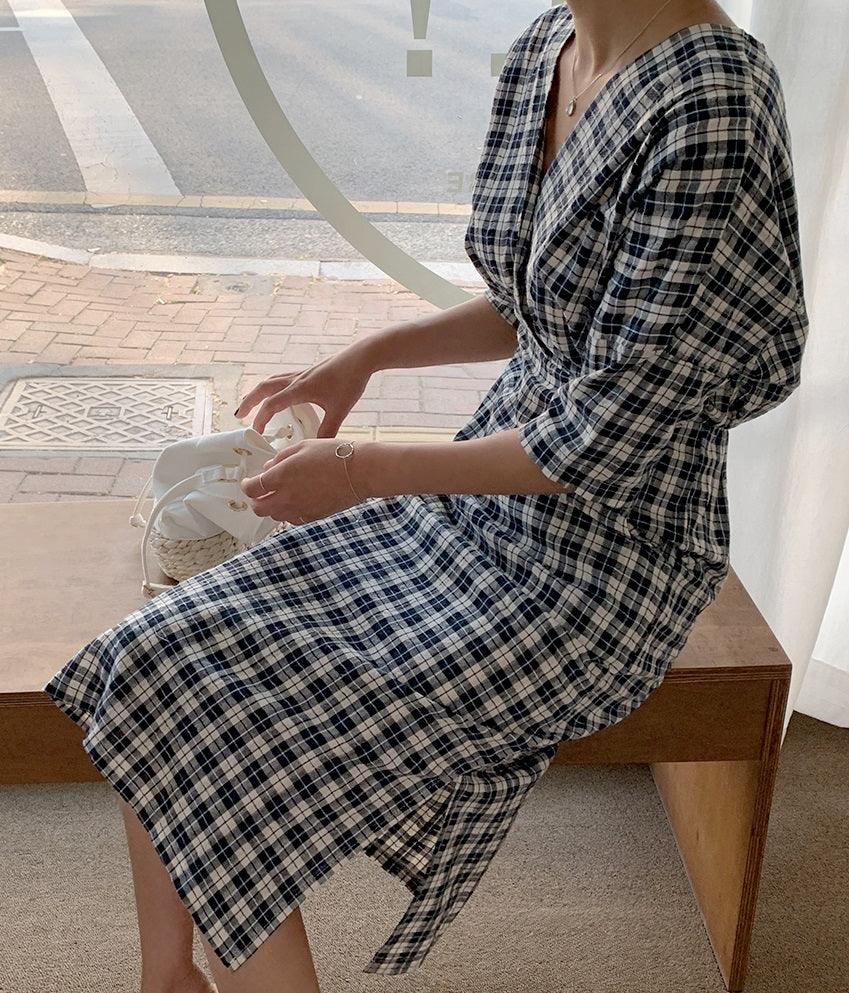 Raglan Sleeve Plaid Midi Dress - HOLIHOLIC