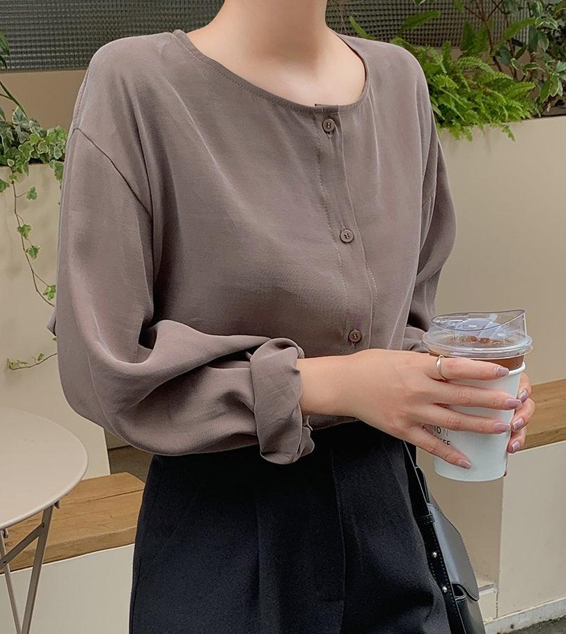 Round Neck Button Up Blouse - HOLIHOLIC