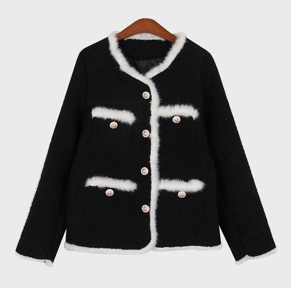 Round Neck Tweed Fur Jacket - HOLIHOLIC