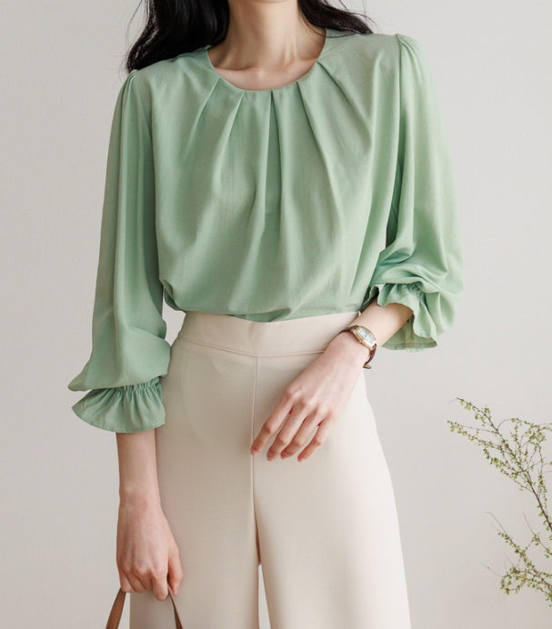 Round Shirred Neck Blouse-Holiholic