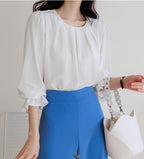 Round Shirred Neck Blouse-Holiholic