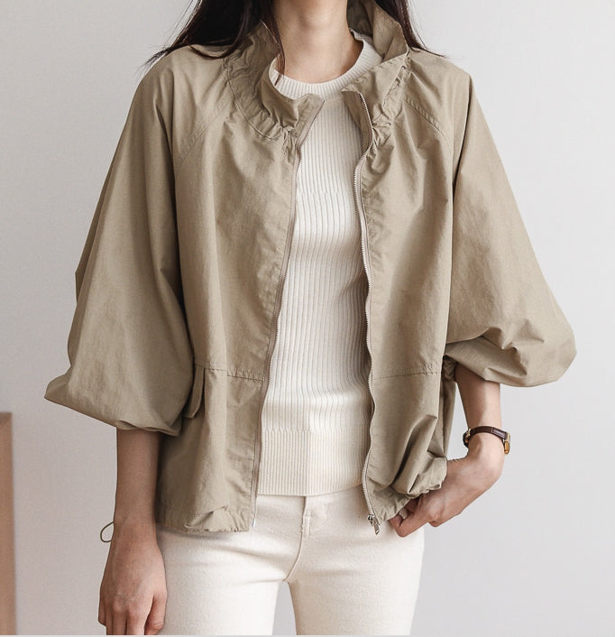 Ruffle Stand Neck Zip Up Jacket-Holiholic