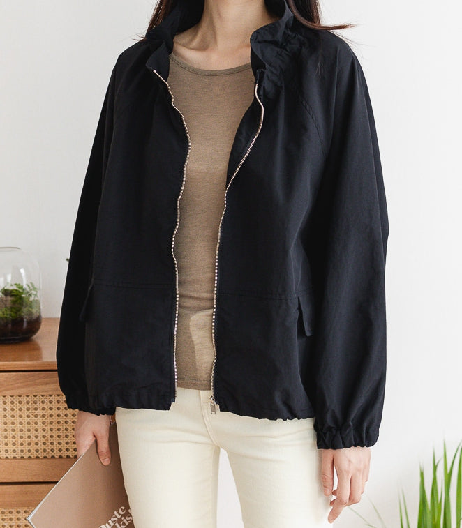 Ruffle Stand Neck Zip Up Jacket-Holiholic