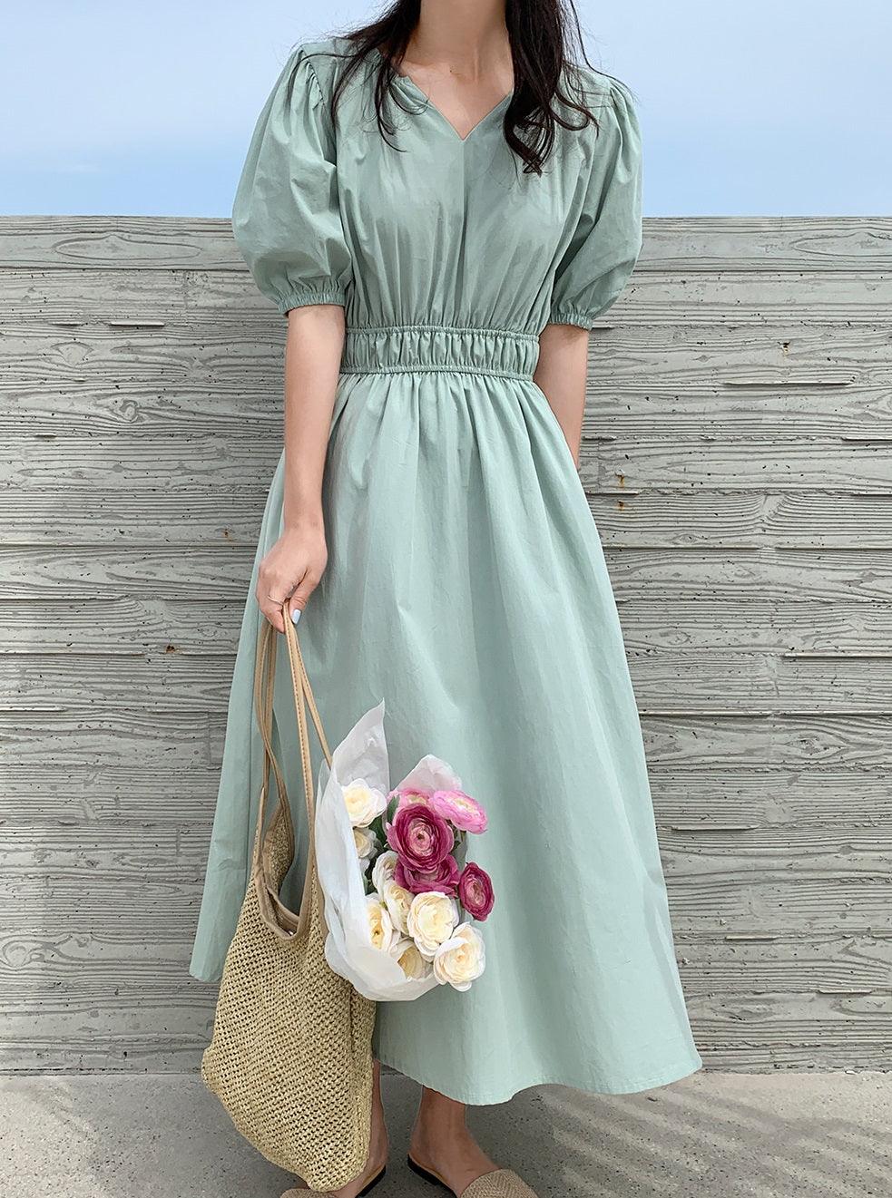 Shirring Detailed Elastic Waist Dress - HOLIHOLIC