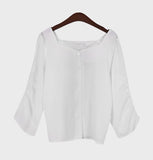Shirring Sleeve Linen Blouse - HOLIHOLIC