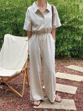 Short Sleeve Linen Shirt Jumpsuit - HOLIHOLIC