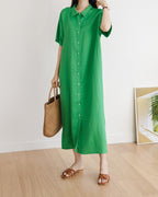 Side Split Linen Shirt Dress - HOLIHOLIC