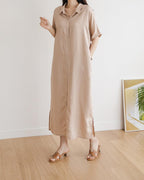 Side Split Linen Shirt Dress - HOLIHOLIC