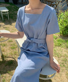 Square Neck Pure Linen Dress - HOLIHOLIC