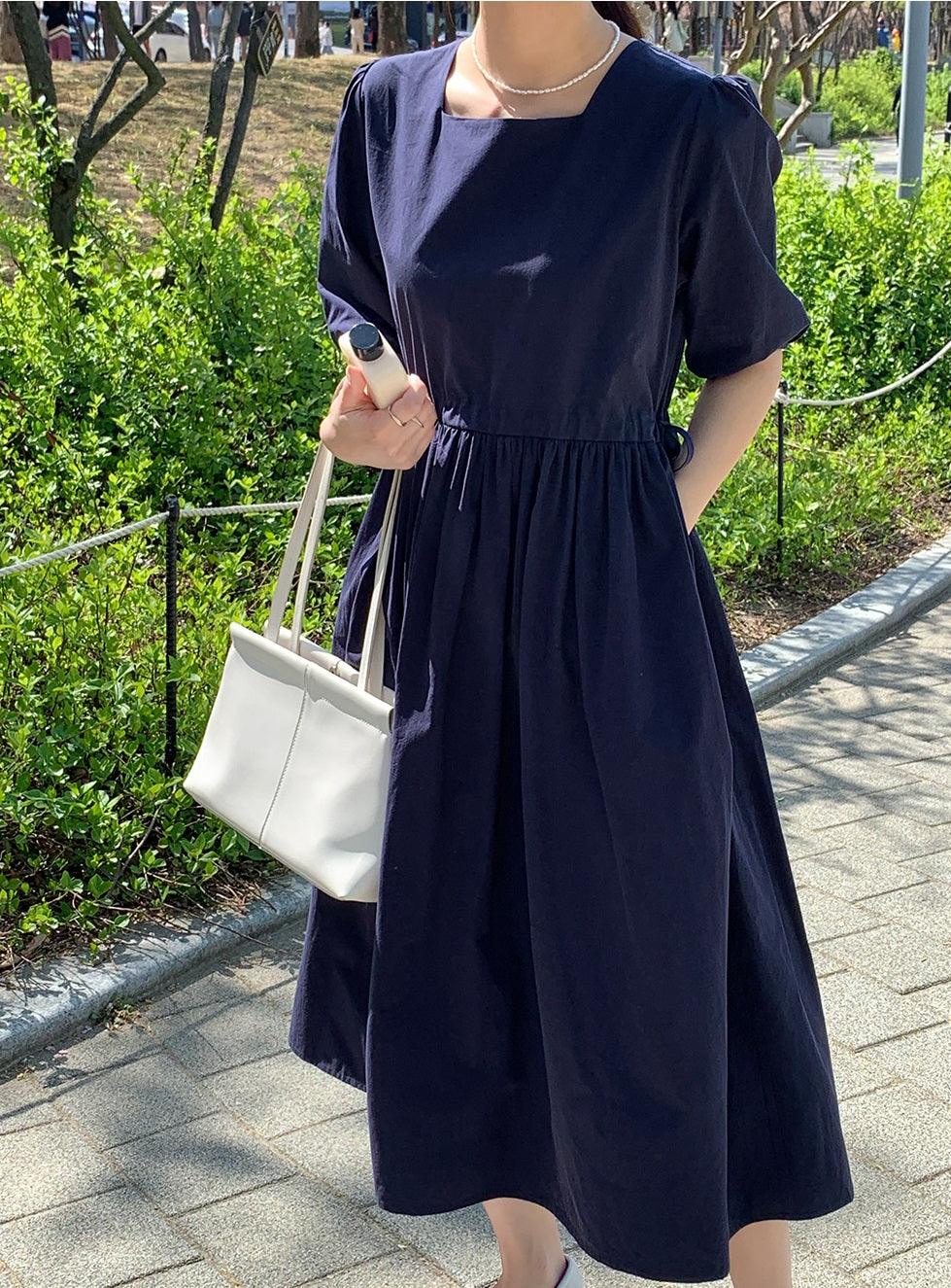 Square Neck Short Sleeve Dress with Pockets, Small / Navy