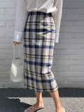 Straight Fit Plaid Linen Skirt - HOLIHOLIC