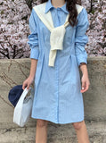 Stripe Shirt Dress with Knit Shawl Set - HOLIHOLIC
