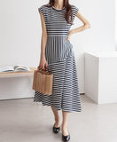 Stripe Sleeveless Flare Dress - HOLIHOLIC
