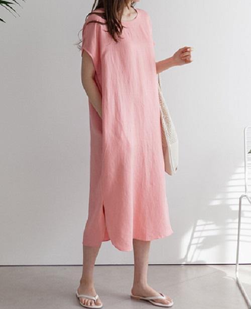Unlined Side Split Linen Dress - HOLIHOLIC