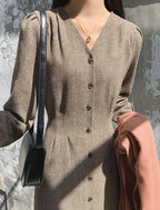V Neck Herringbone Dress - HOLIHOLIC
