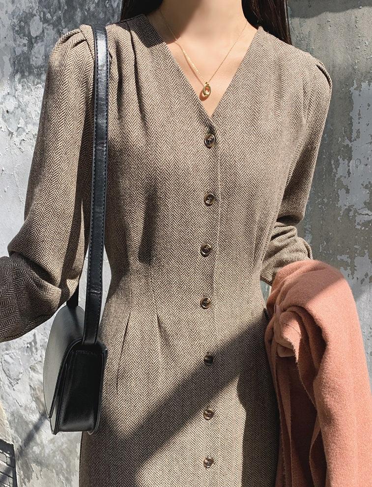 V Neck Herringbone Dress - HOLIHOLIC