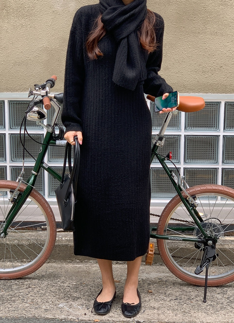 V Neck Ribbed Dress with Muffler-Holiholic