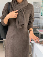 V Neck Ribbed Dress with Muffler-Holiholic