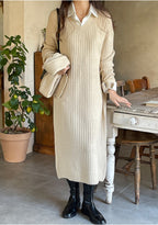 V Neck Ribbed Dress with Muffler-Holiholic
