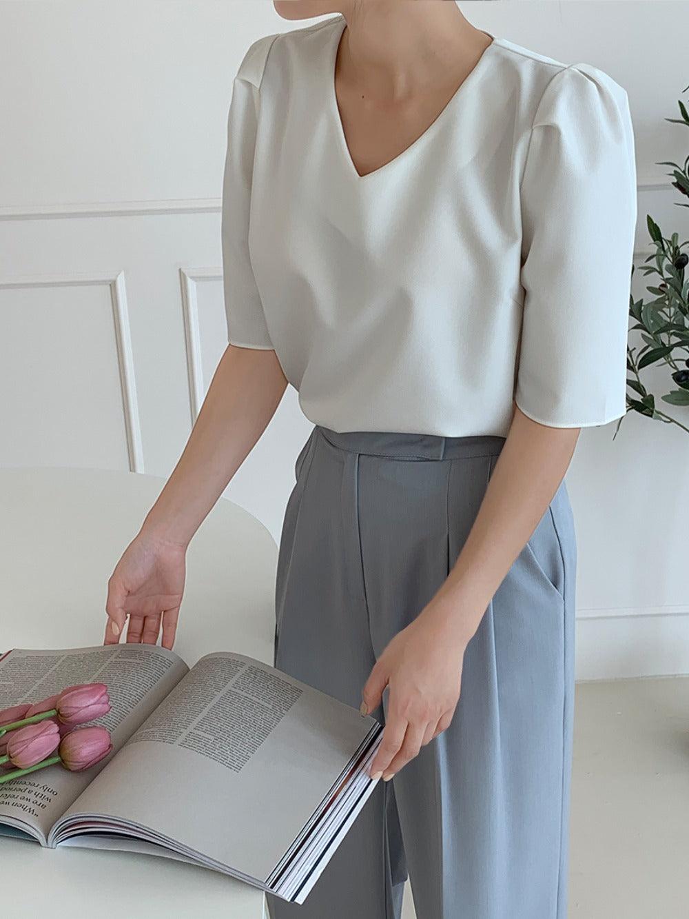V Neck Shirring Shoulder Blouse - HOLIHOLIC