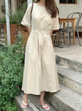 Waist Shirring Cotton Midi Dress