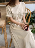 Waist Shirring Cotton Midi Dress-Holiholic