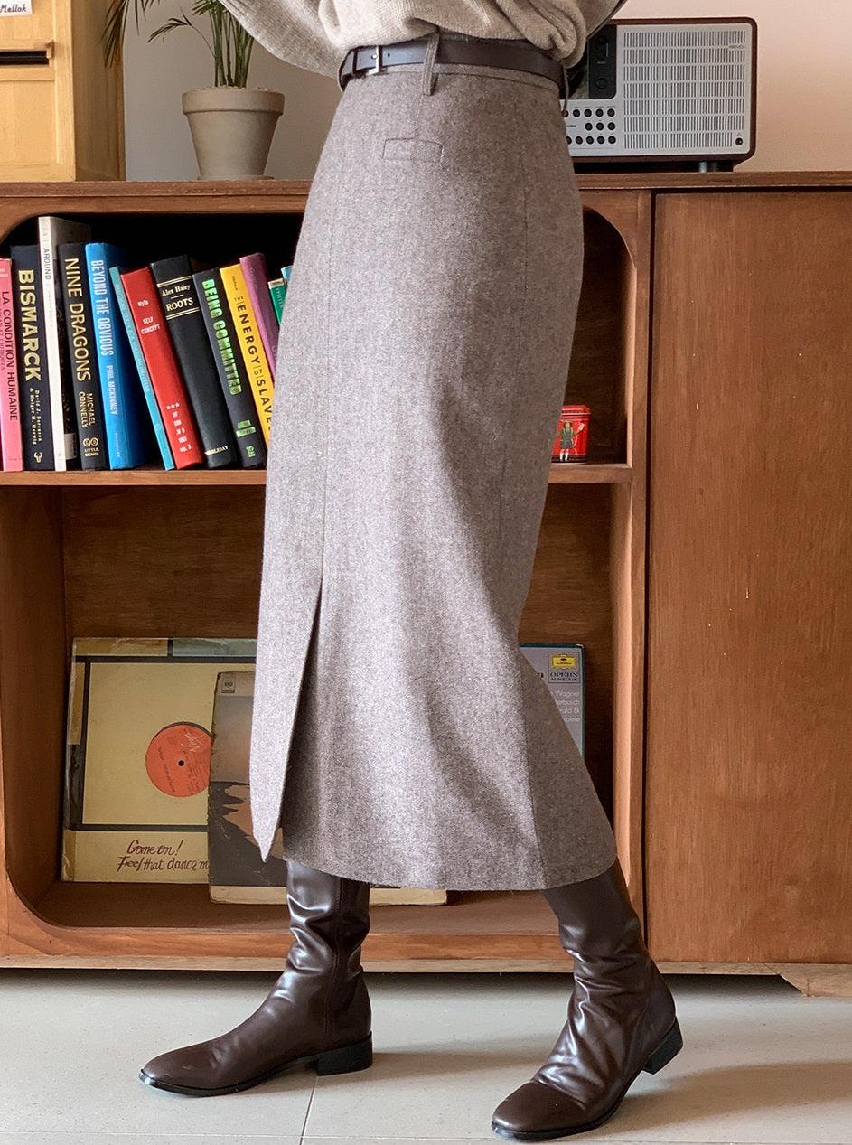 Wool Herringbone Skirt with Belt - HOLIHOLIC