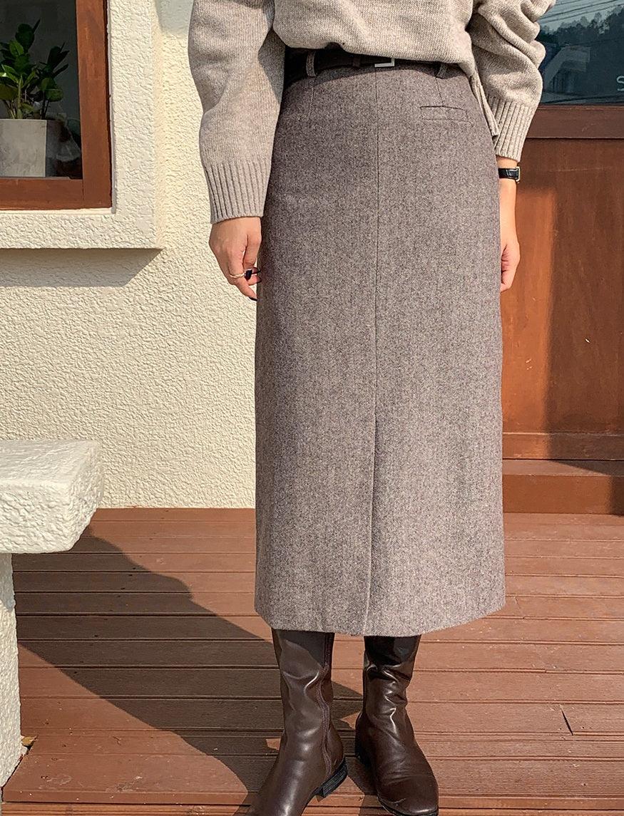 Wool Herringbone Skirt with Belt - HOLIHOLIC