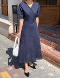 Wrap Style Short Sleeve Linen Dress-Holiholic
