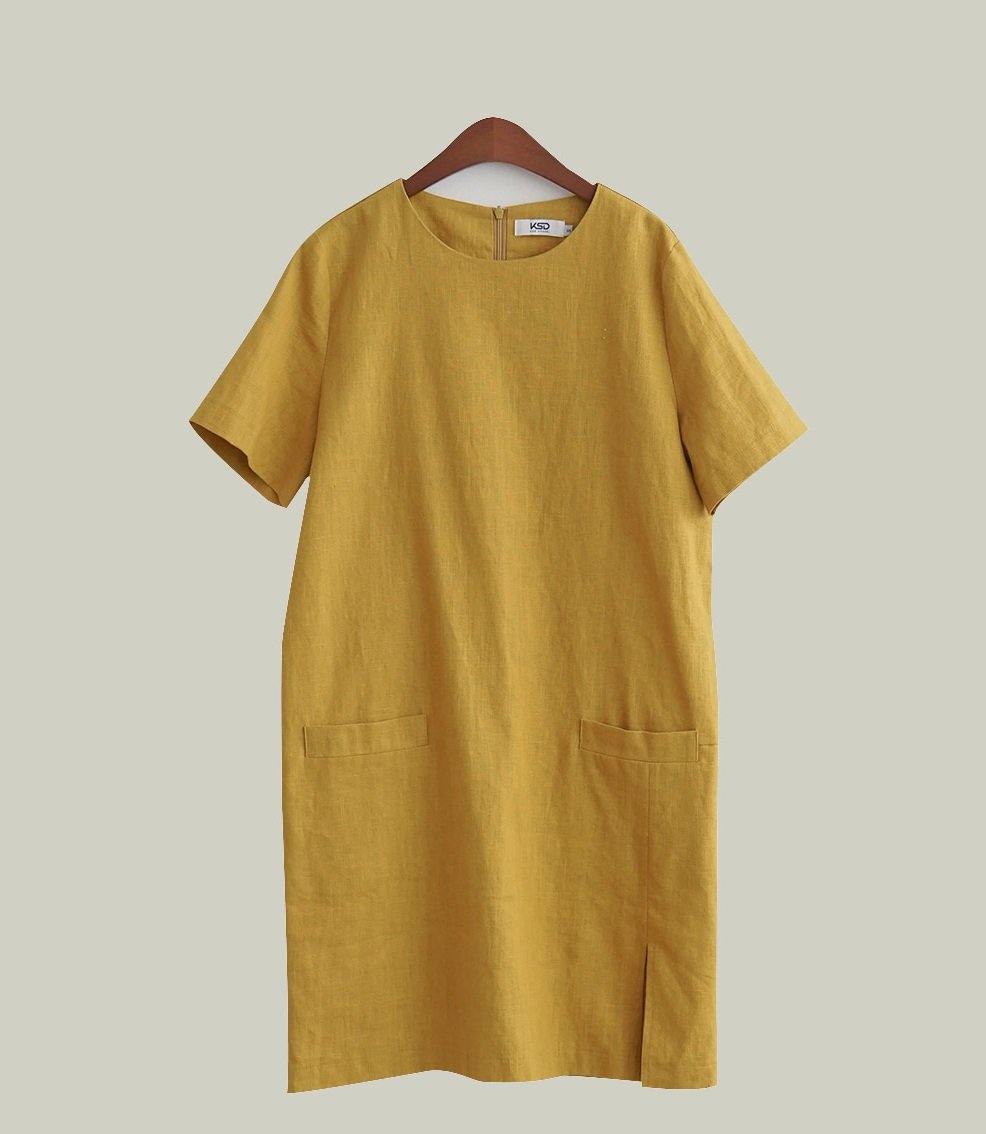 Solid Pocket Linen Dress - HOLIHOLIC